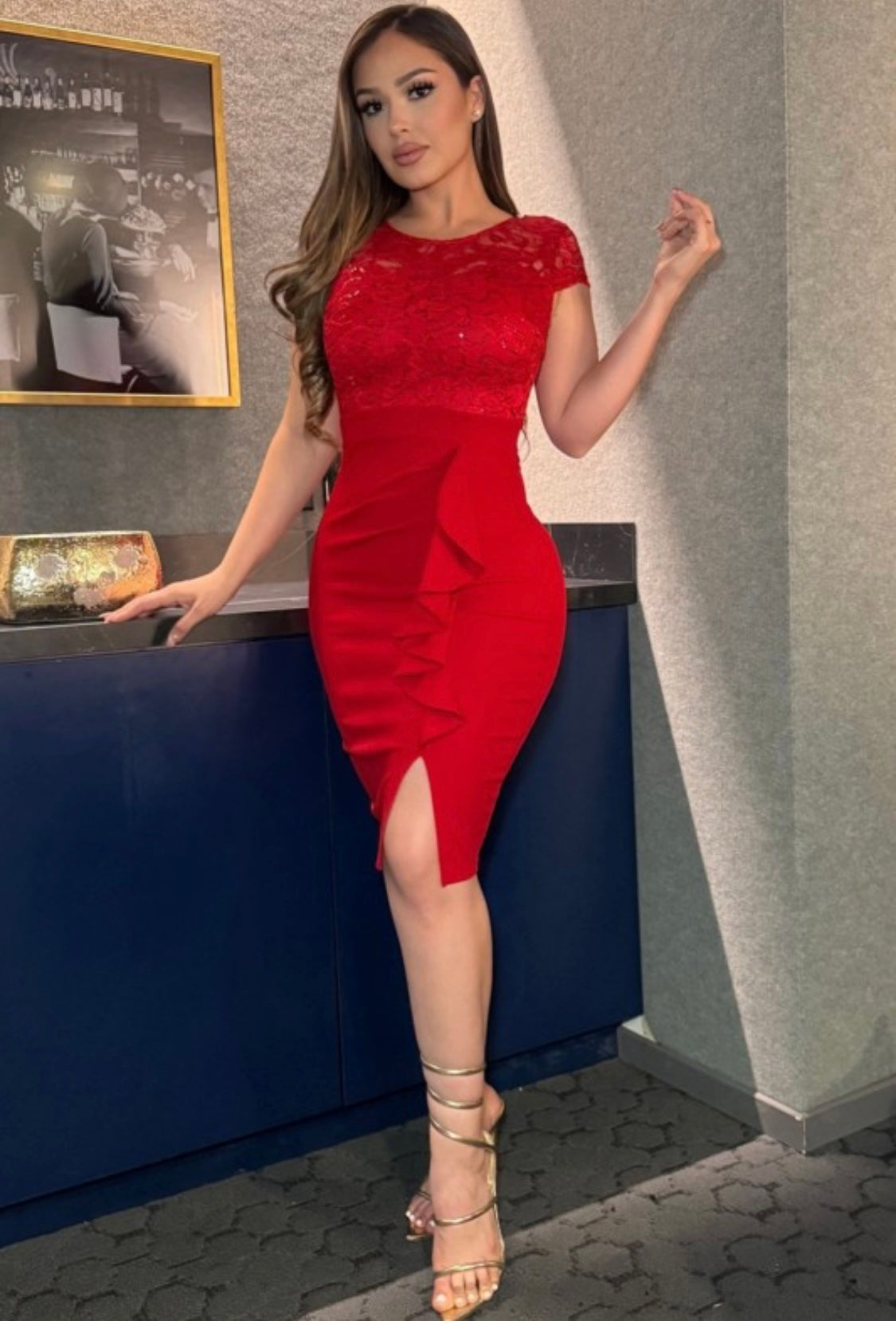 Red Lace Top Ruffle Sheath Dress