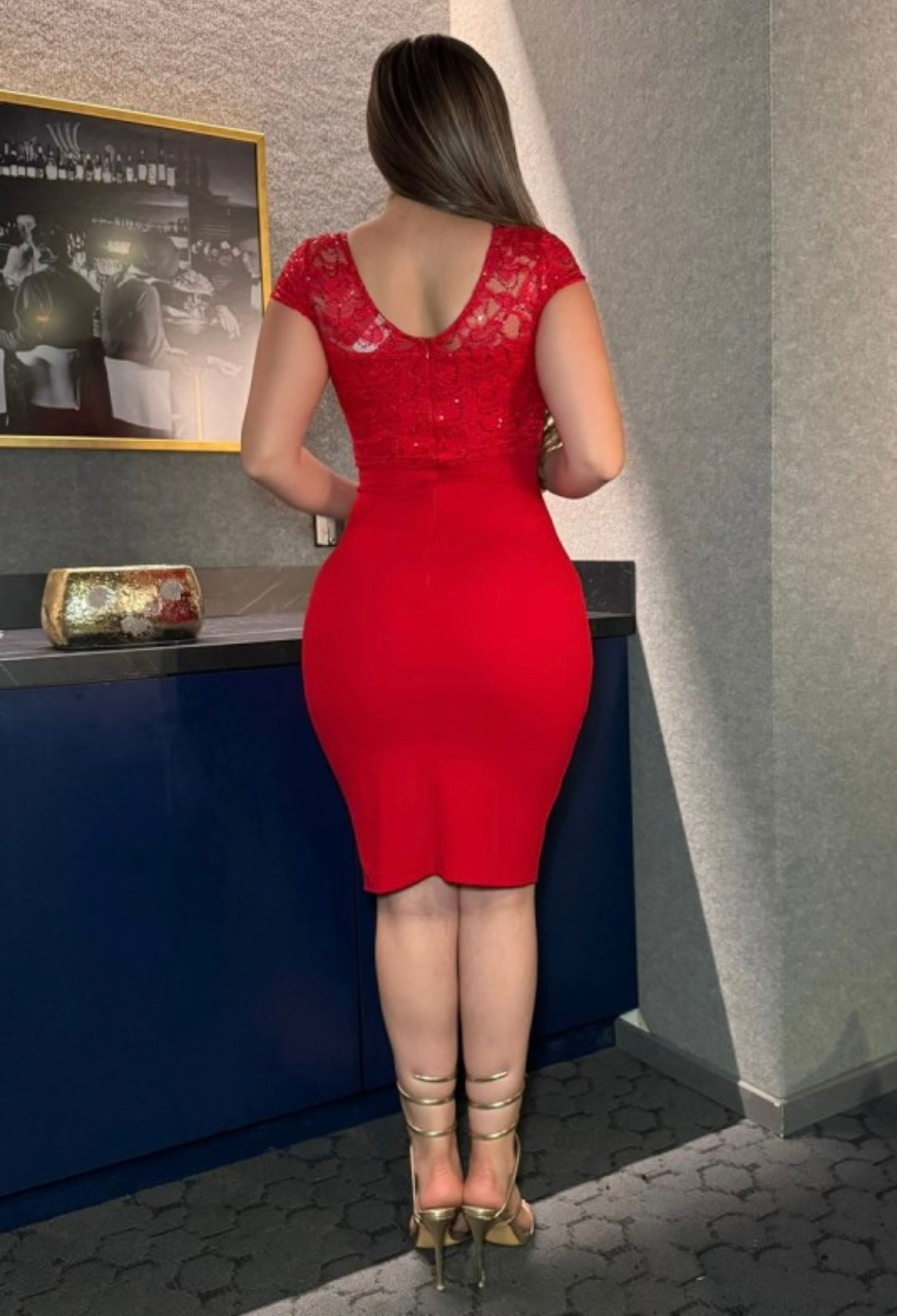 Red Lace Top Ruffle Sheath Dress
