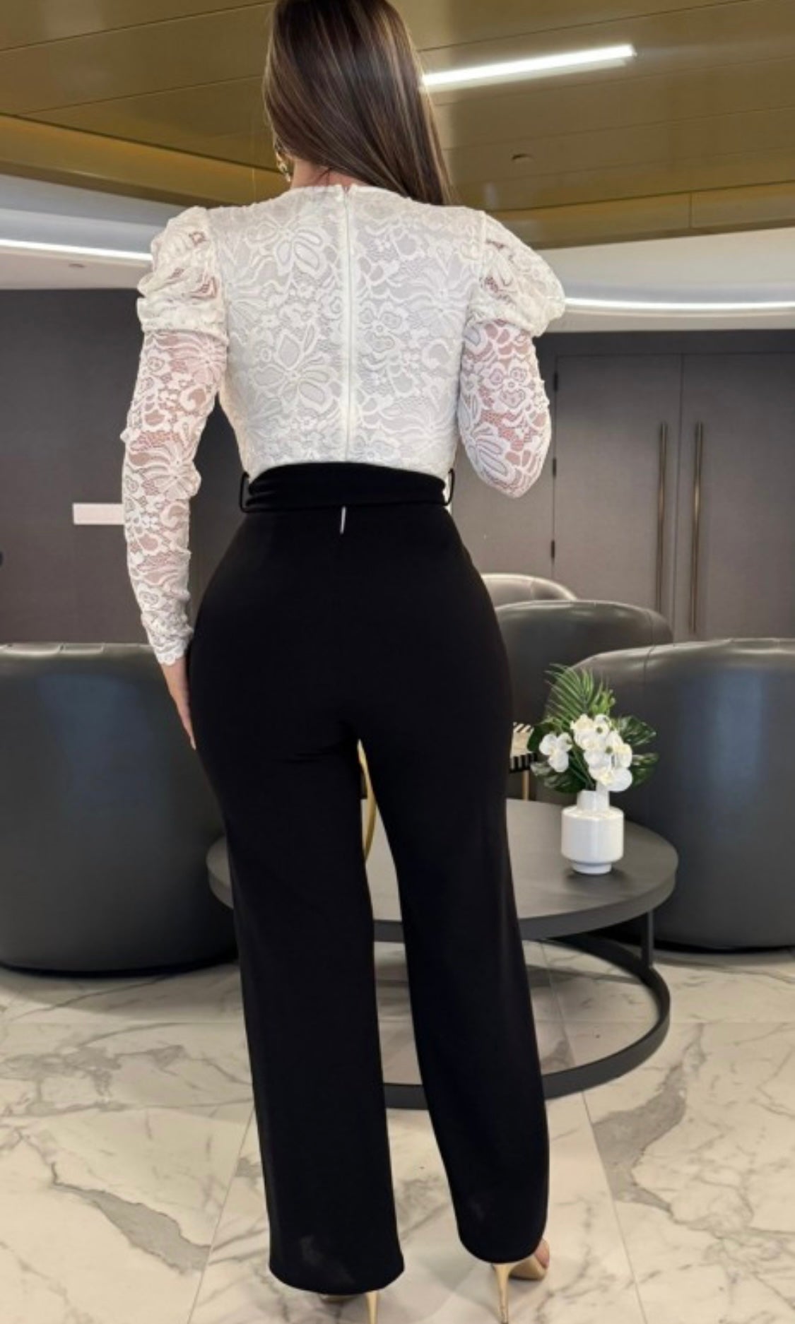 Black & White Lace Long Sleeve Jumpsuit