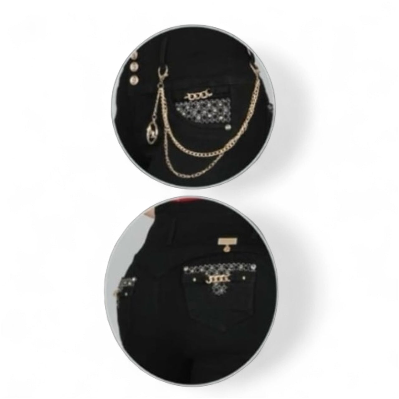 Colombian Push Up Jeans – Black High-Waist with Gold Chain & Crystal Pocket Detail