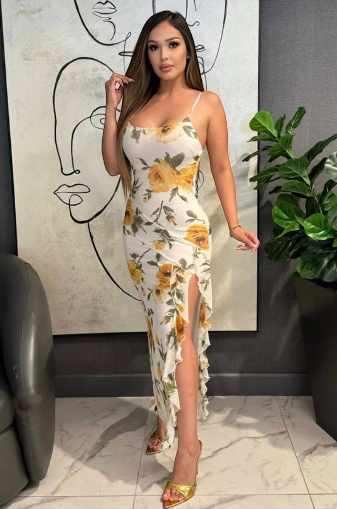 White & Yellow Floral Ruffle Slit Maxi Dress