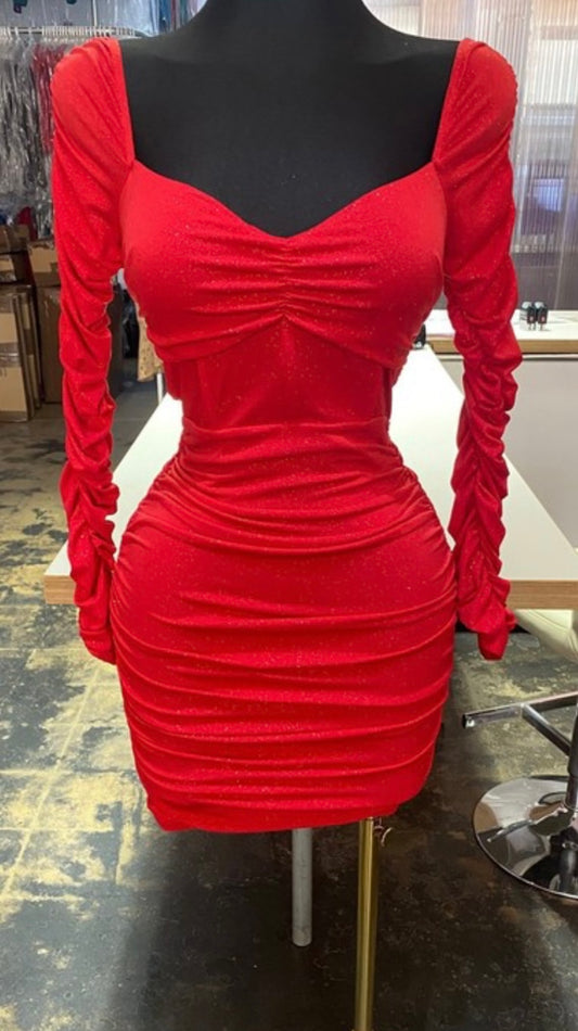 Shimmer Elegance Long Sleeve Bodycon Dress – Red