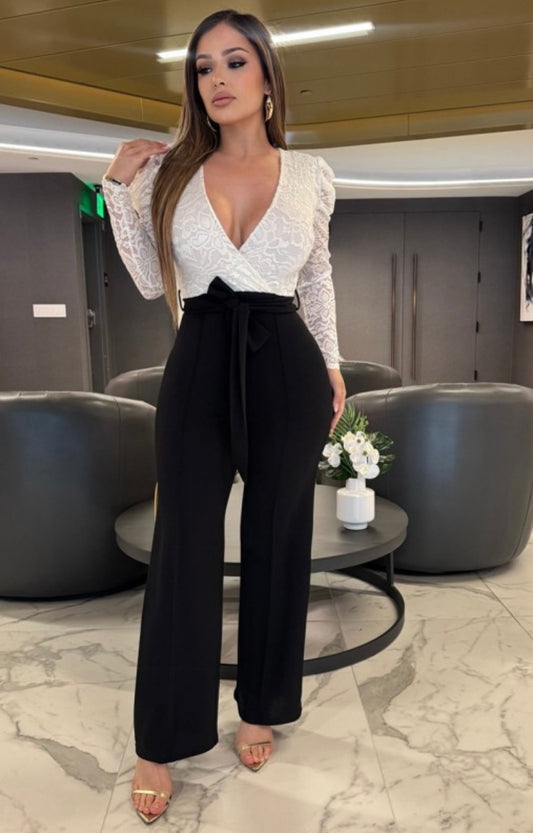 Black & White Lace Long Sleeve Jumpsuit