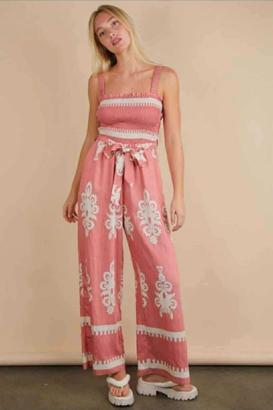 Pink Smocked Wide-Leg Jumpsuit with Boho Print