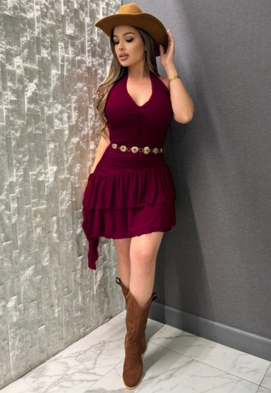 Cowgirl Flirty Ruffle Mini Dress – Wine Red