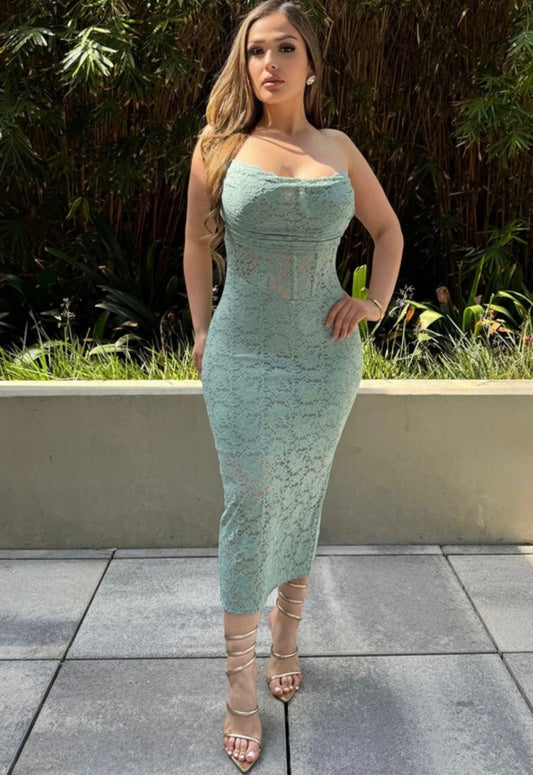 Mint Green Lace Corset Midi Dress