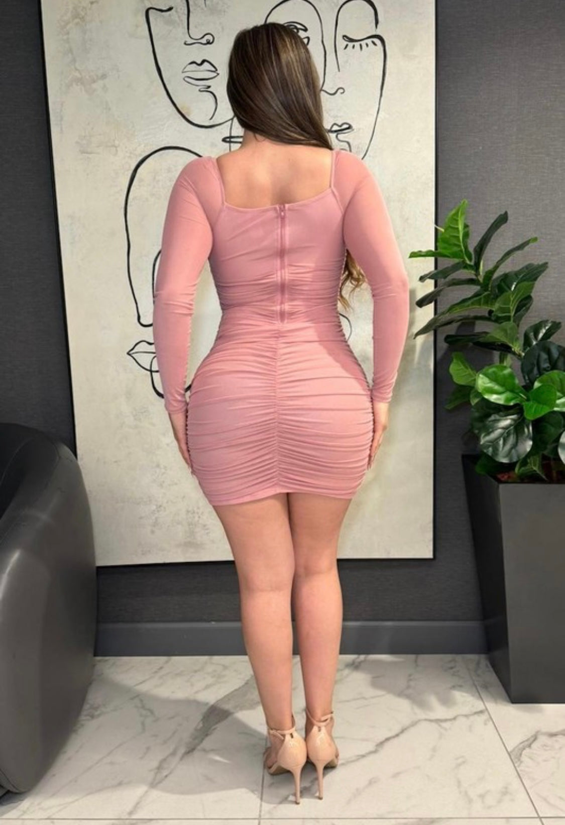 Blush Pink Long Sleeve Ruched Bodycon Mini Dress