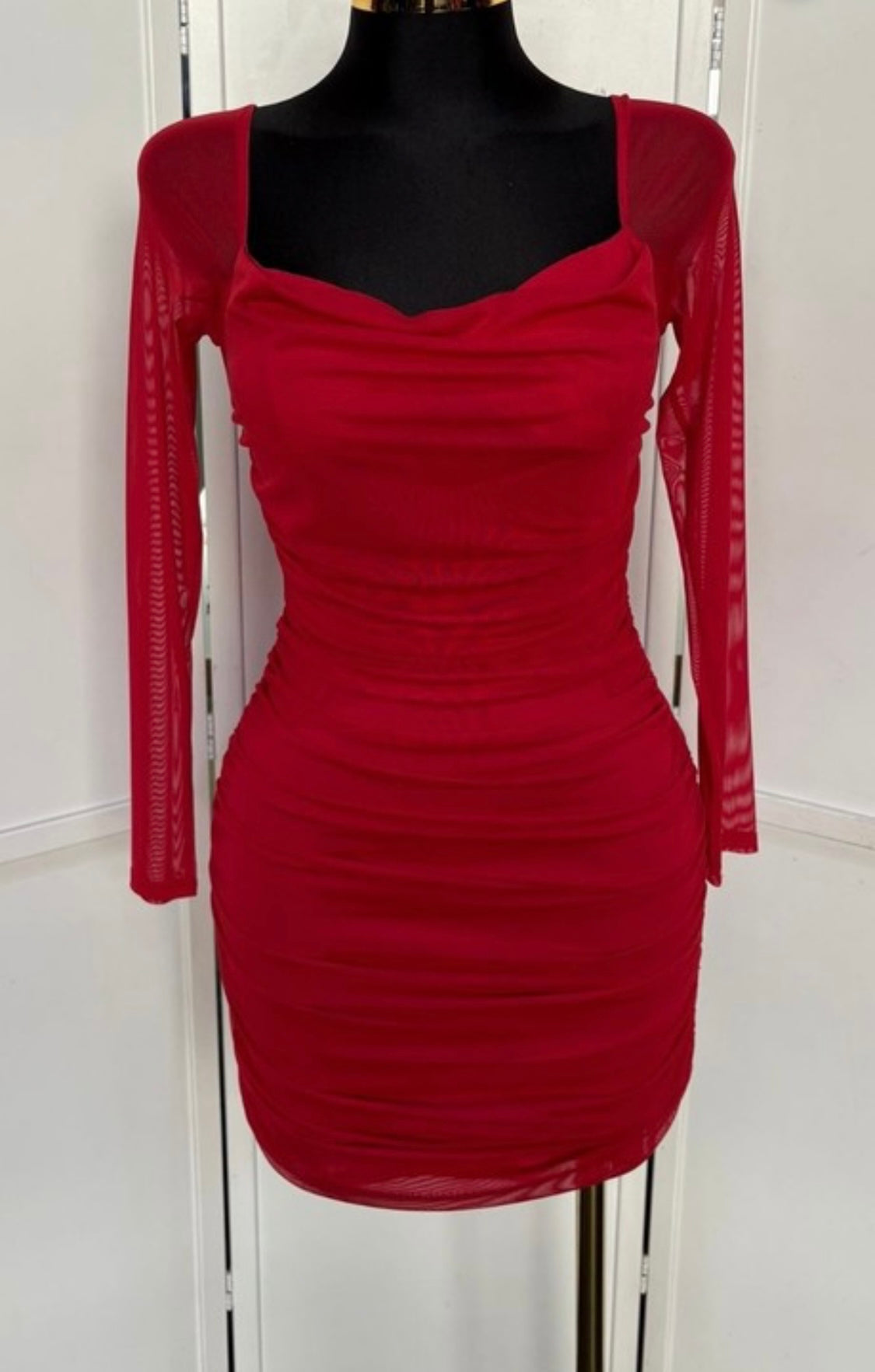 Red Long Sleeve Ruched Bodycon Mini Dress