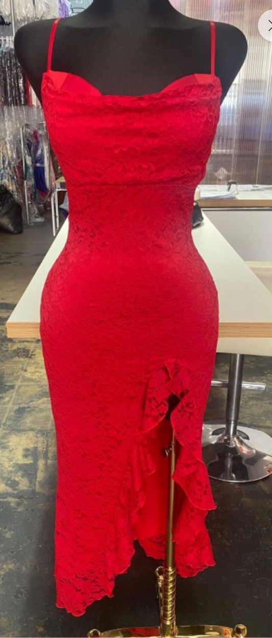 Red Lace Ruffle Slit Maxi Dress