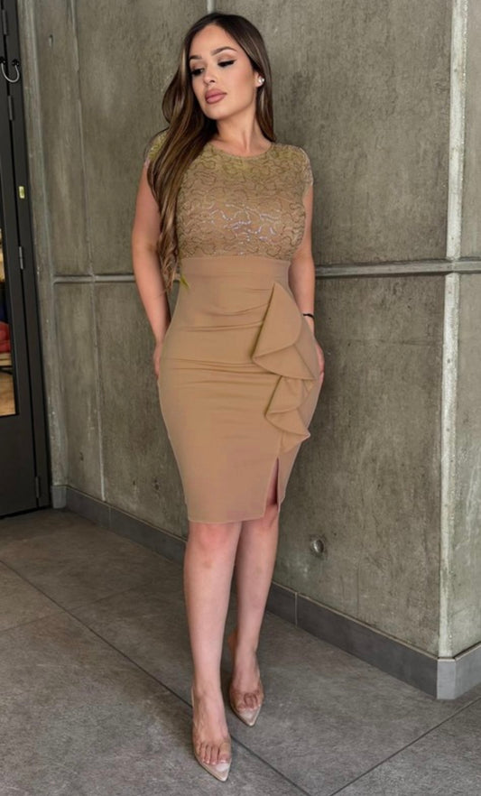 Beige Lace Top Ruffle Sheath Dress