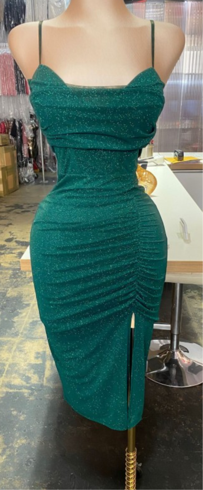 Emerald Green Shimmer Ruched Midi Dress