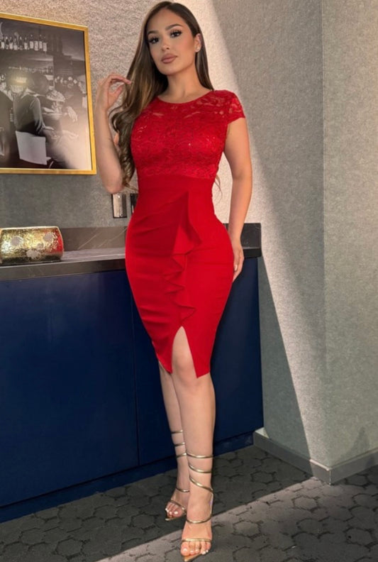 Red Lace Top Ruffle Sheath Dress