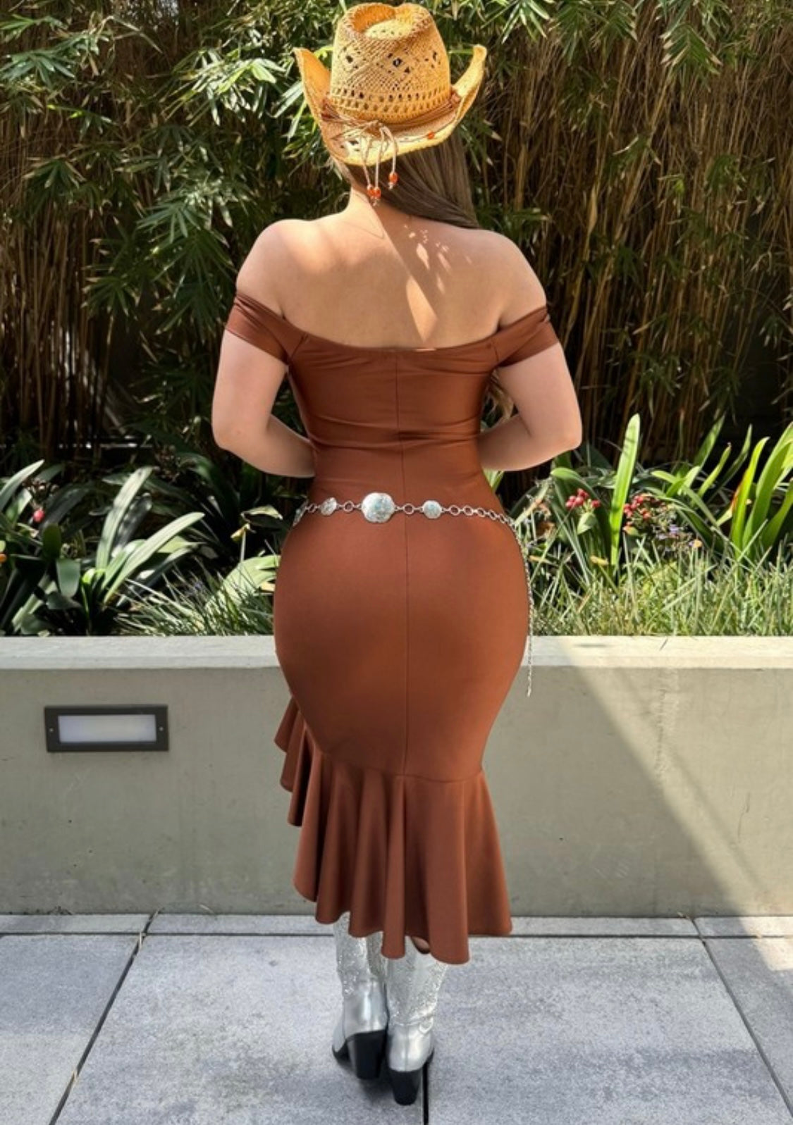 Chic Ruffle Midi Dress – Rust Brown