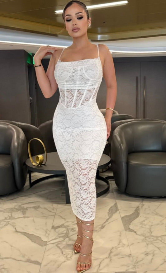 Elegant White Lace Corset Midi Dress