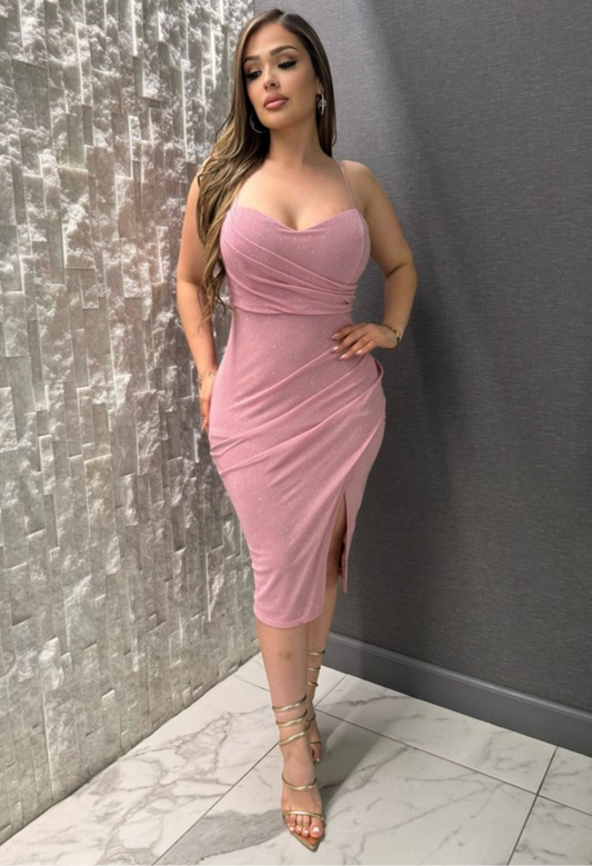 Blush Pink Sparkle Midi Dress with Slit