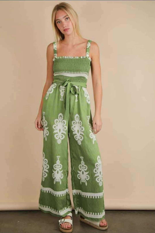 Green Smocked Wide-Leg Jumpsuit with Boho Print