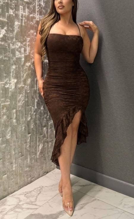 Chocolate Brown Ruched Midi Dress with Ruffle Hem