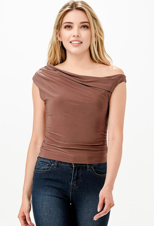 Brown Asymmetrical One-Shoulder Top