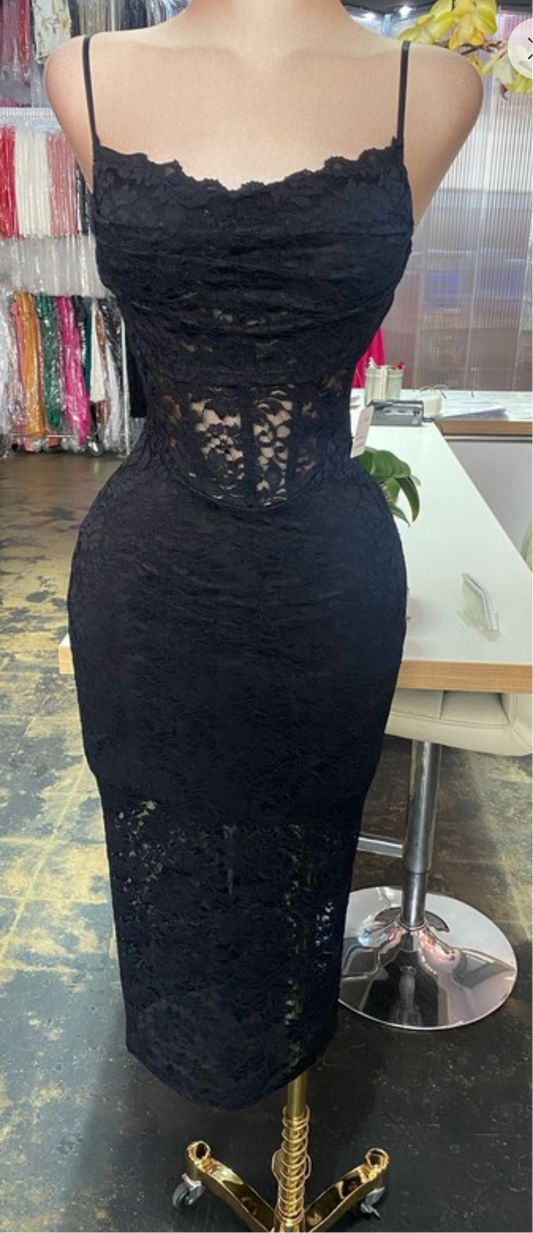 Black Lace Corset Midi Dress