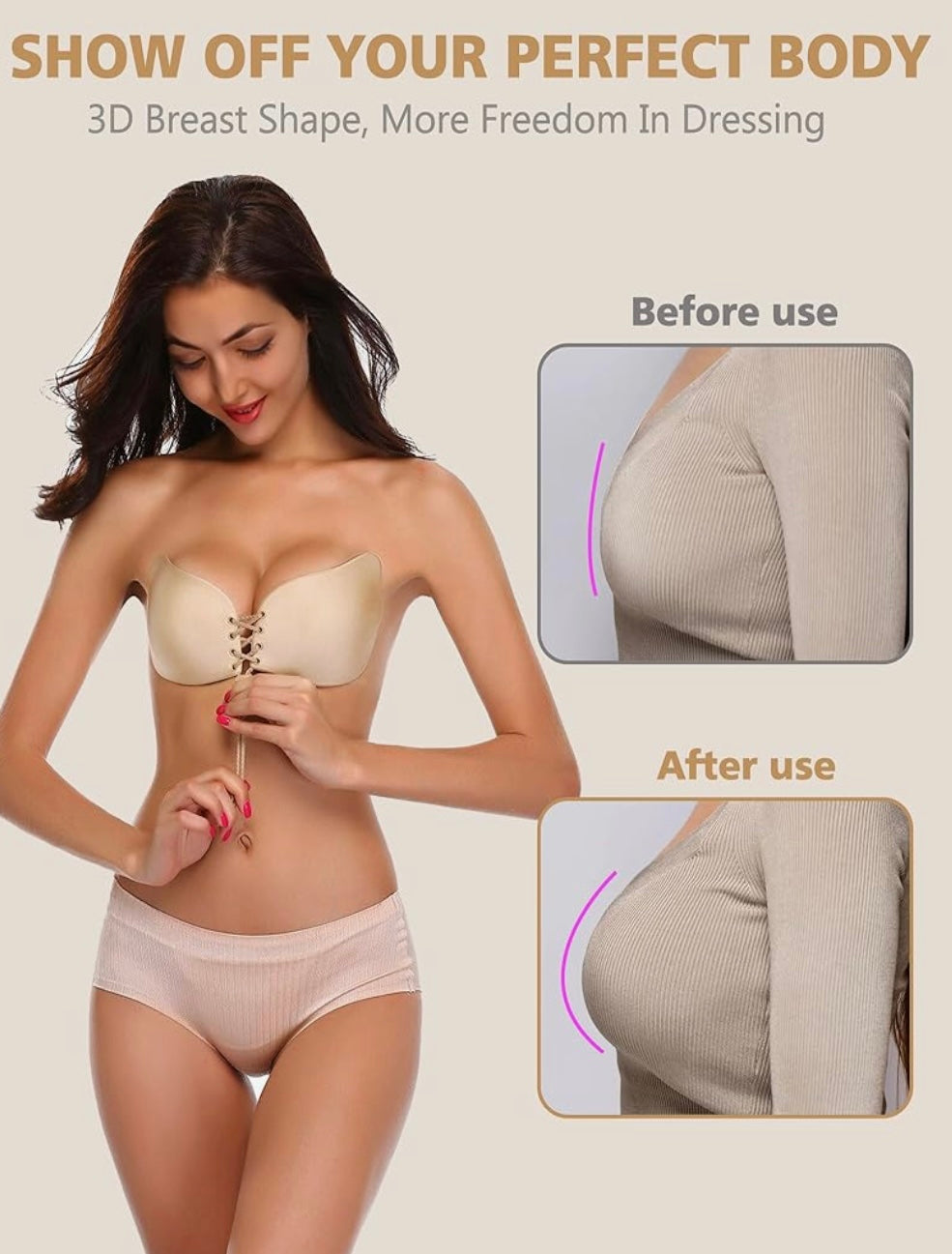 Backless Strapless Push-Up Adhesive Bra (2 Pairs Black/Beige) – Sizes A, B, C, D