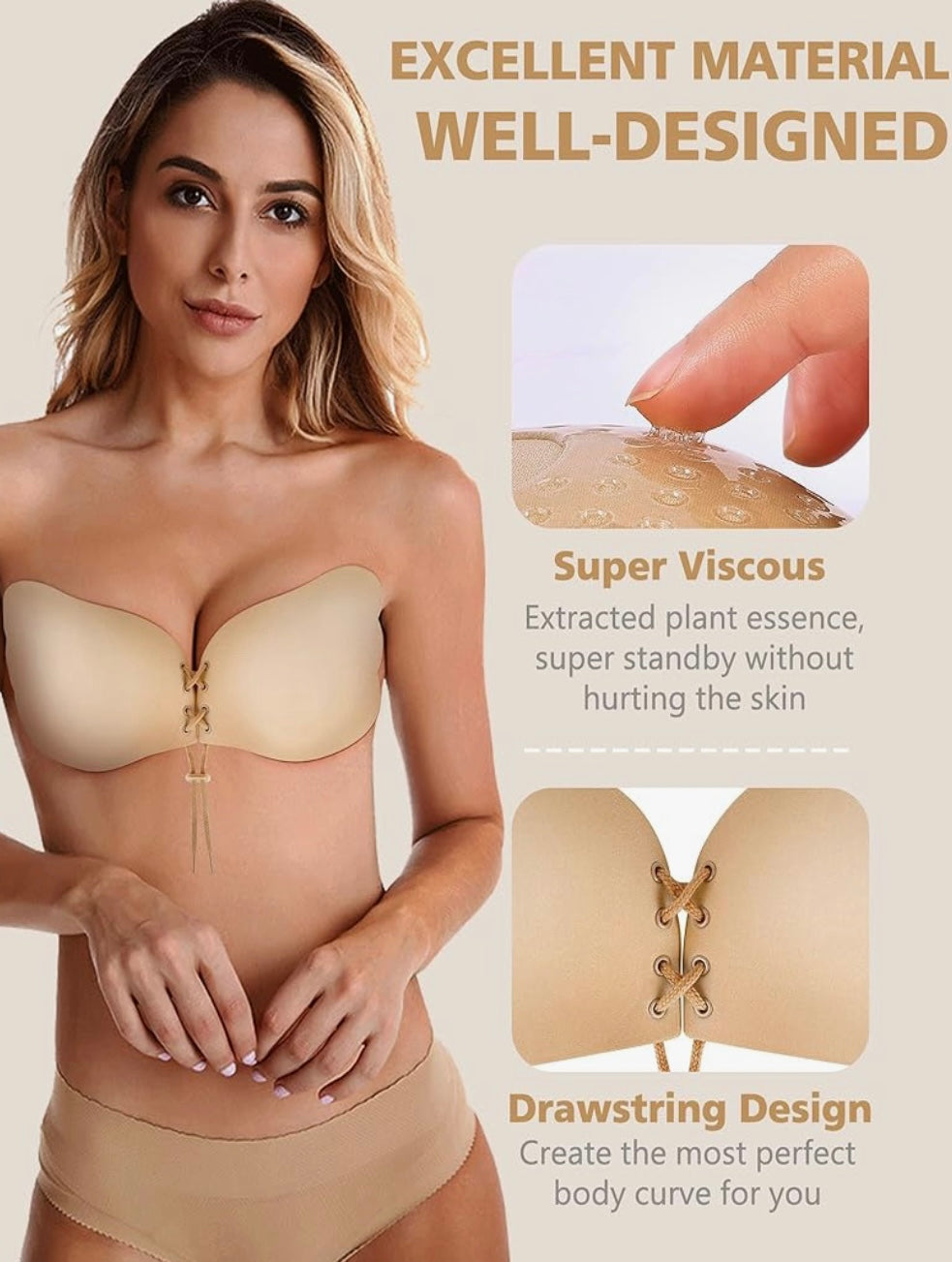 Backless Strapless Push-Up Adhesive Bra (2 Pairs Black/Beige) – Sizes A, B, C, D