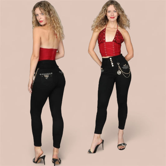 Colombian Push Up Jeans – Black High-Waist with Gold Chain & Crystal Pocket Detail