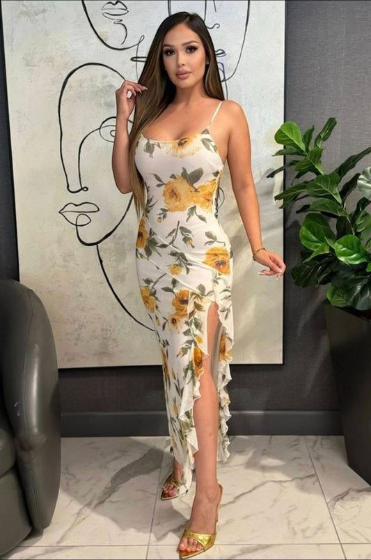 White & Yellow Floral Ruffle Slit Maxi Dress