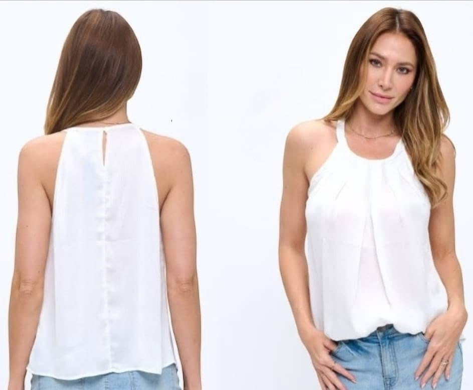 White Pleated Halter Tank Top