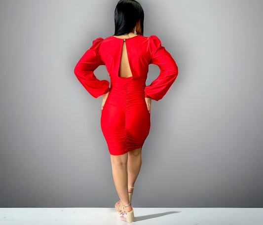 Long Sleeve Open Back Red Dress